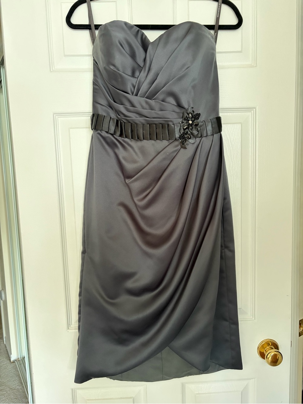 Mori Lee Charcoal Gray Strapless Satin Formal Midi Dress with Embellished Belt